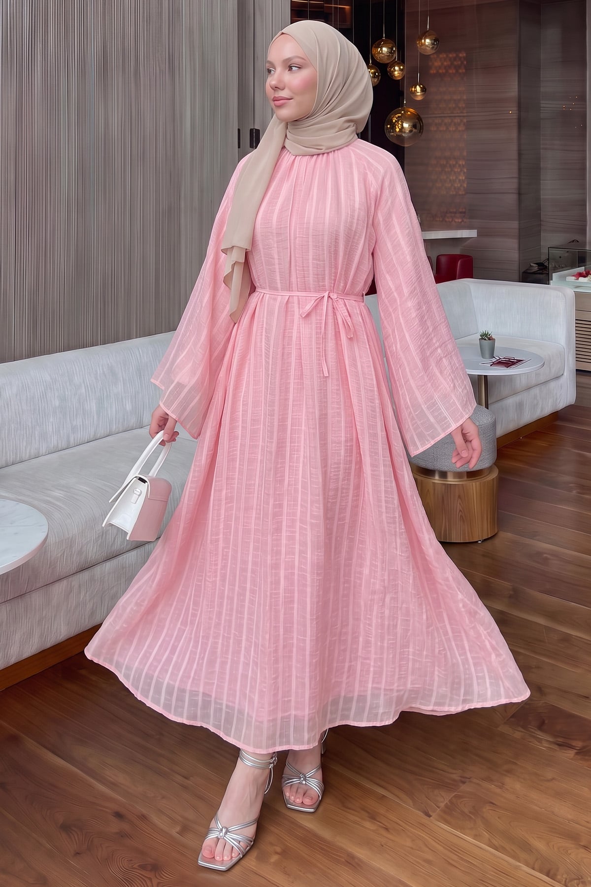 Reglan Kol Çizgili Elbise Y0168 - PEMBE | zenne.com 