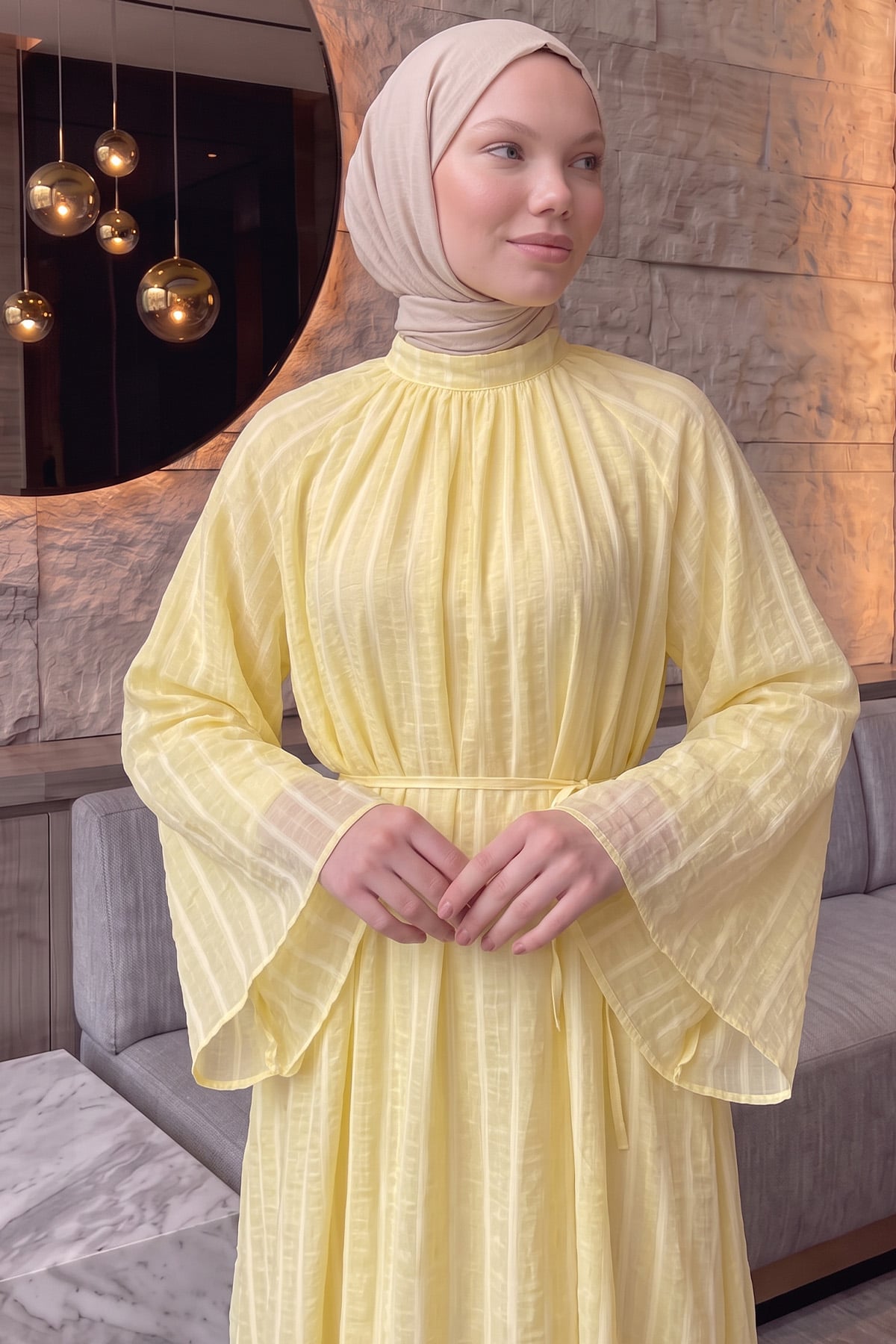 Reglan Kol Çizgili Elbise Y0168 - SARI | zenne.com 