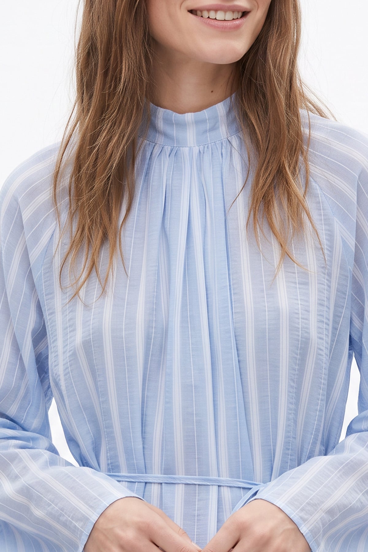 Reglan Kol Çizgili Elbise Y0168 - BEBE MAVİSİ | zenne.com 