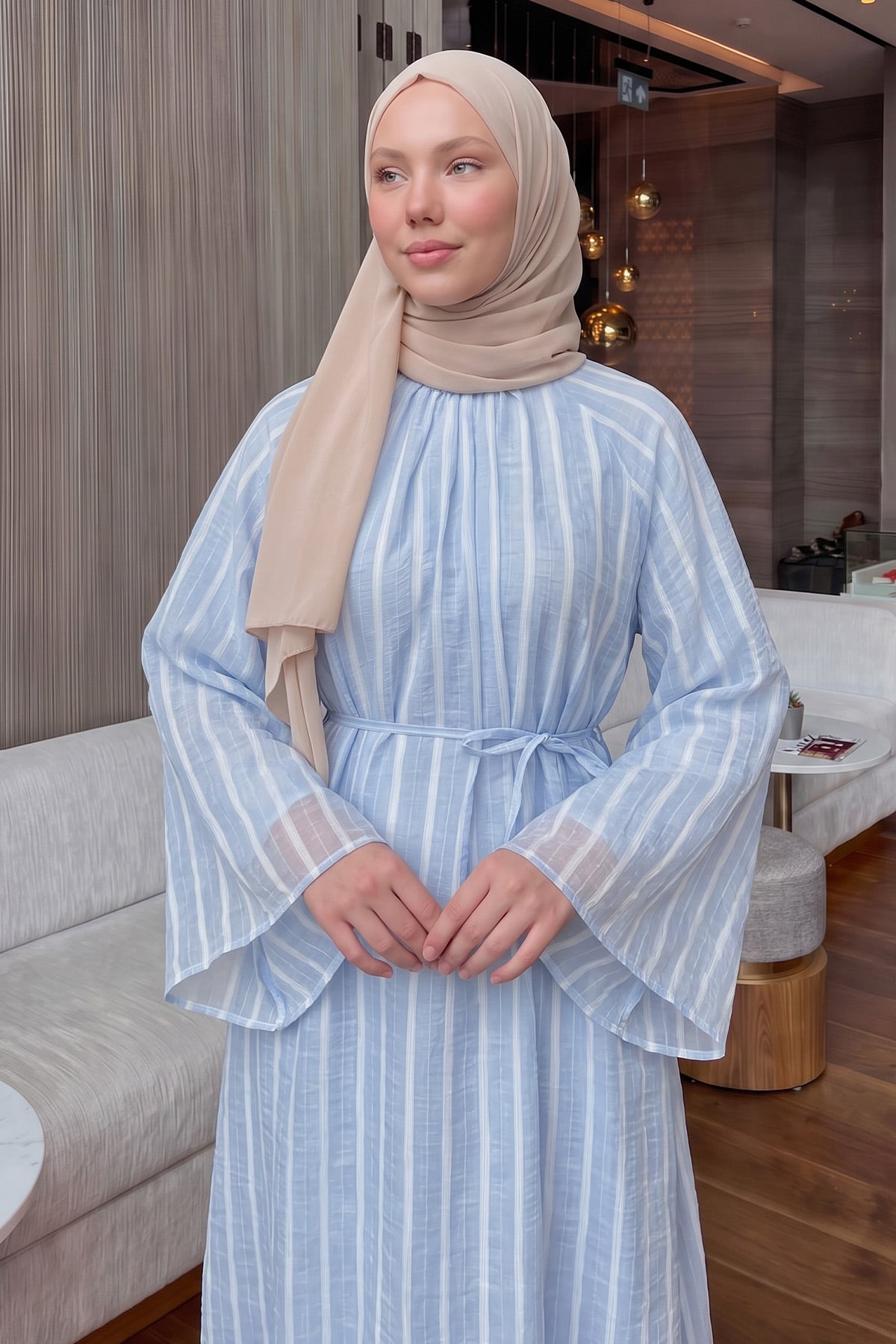 Reglan Kol Çizgili Elbise Y0168 - BEBE MAVİSİ | zenne.com 