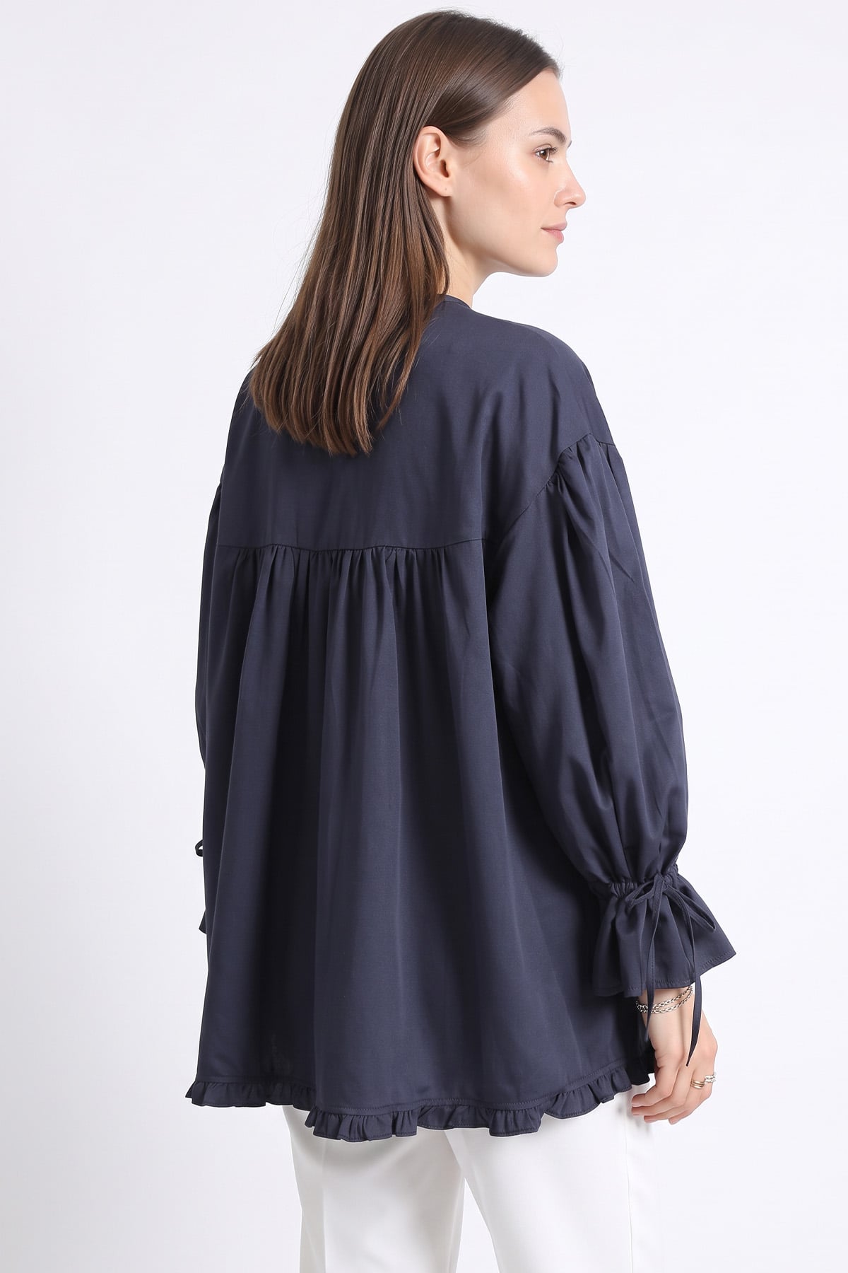 Kol Büzgülü Fırfırlı Gömlek Y0093 - LACİVERT | zenne.com 