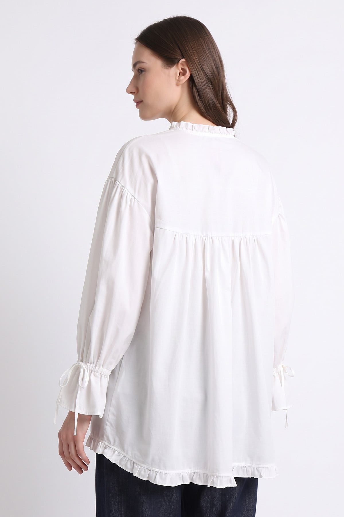 Kol Büzgülü Fırfırlı Gömlek Y0093 - BEYAZ | zenne.com 