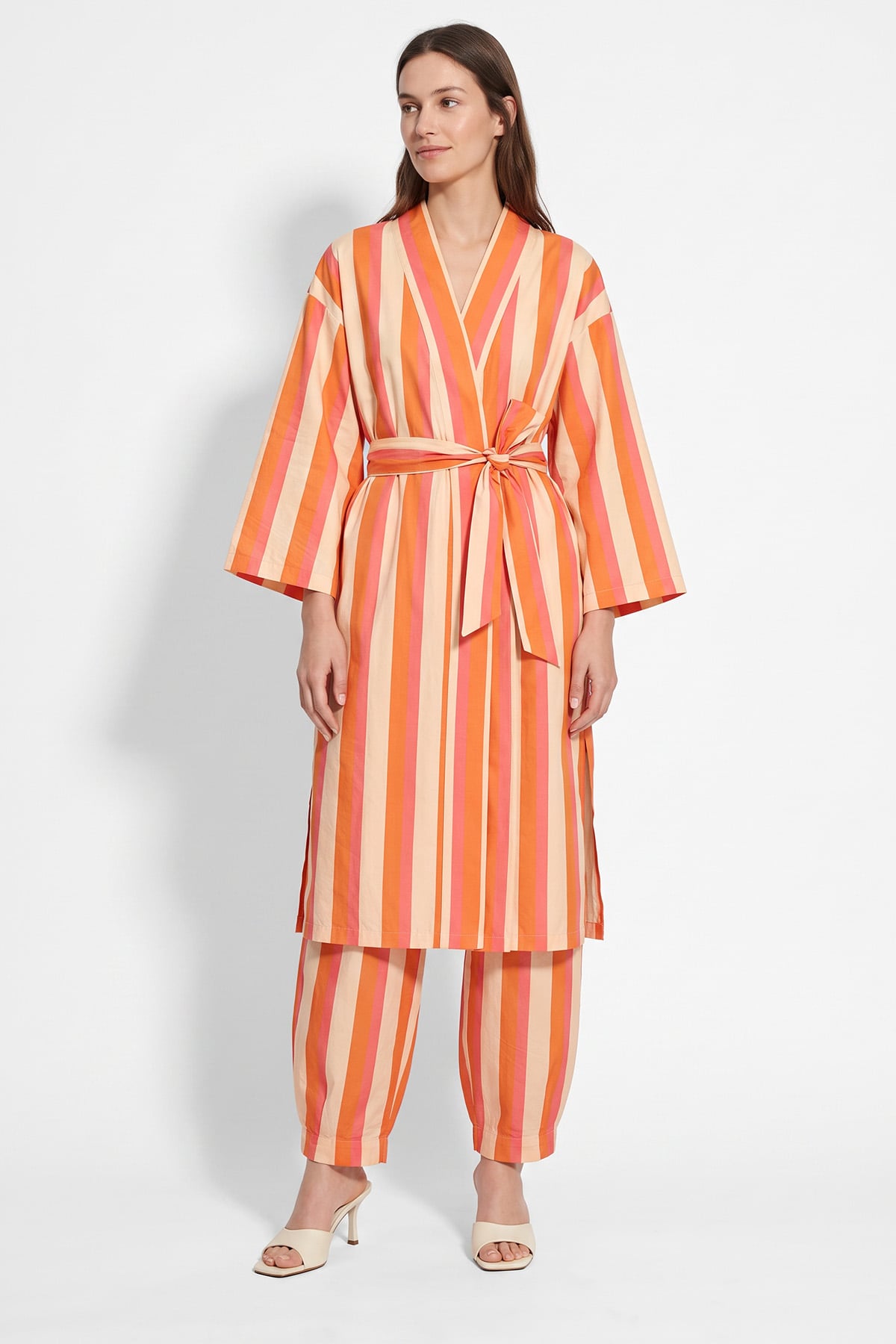 Çizgili Kimono Takım Y0169 - MERCAN | zenne.com 