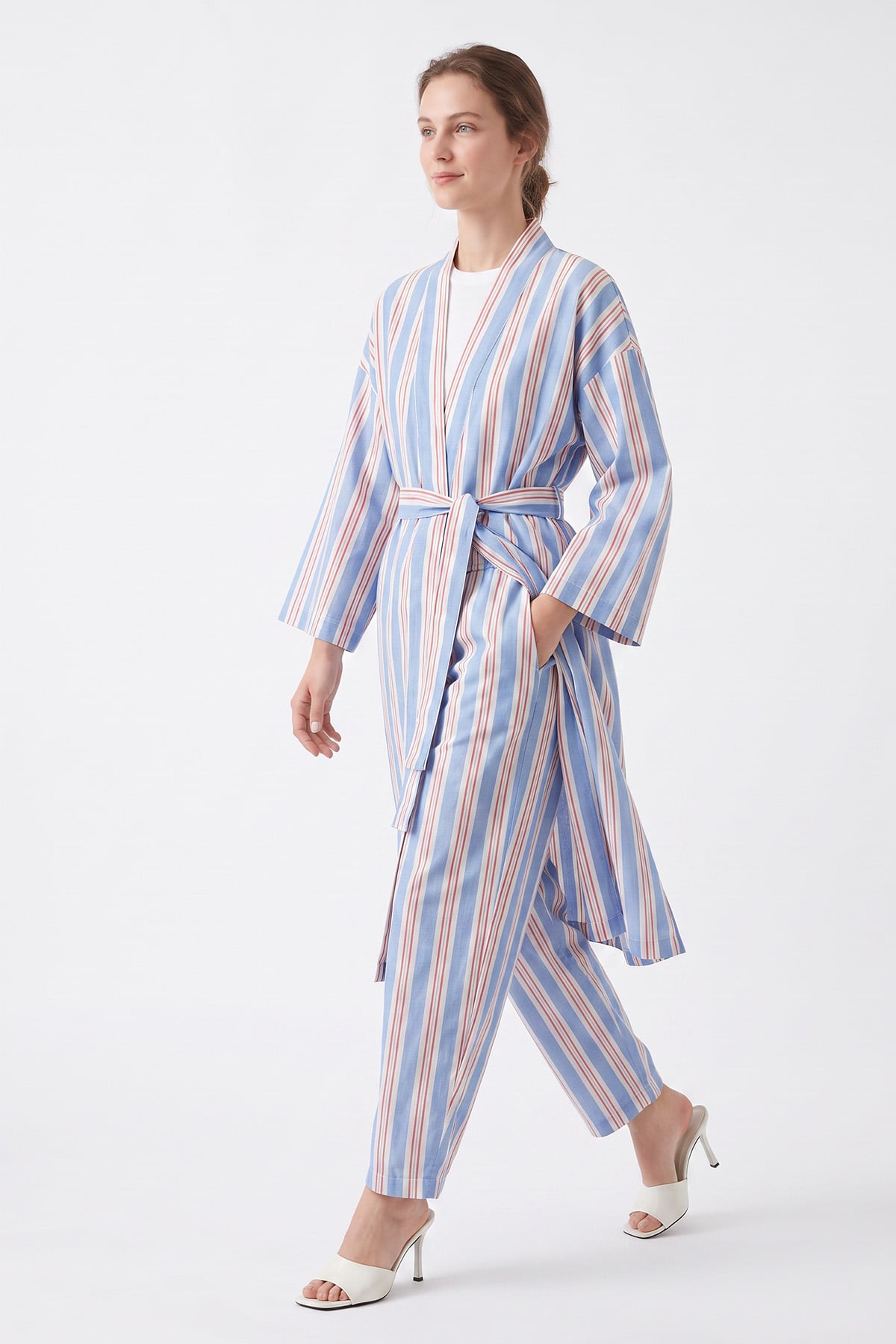 Çizgili Kimono Takım Y0169 - MAVİ | zenne.com 