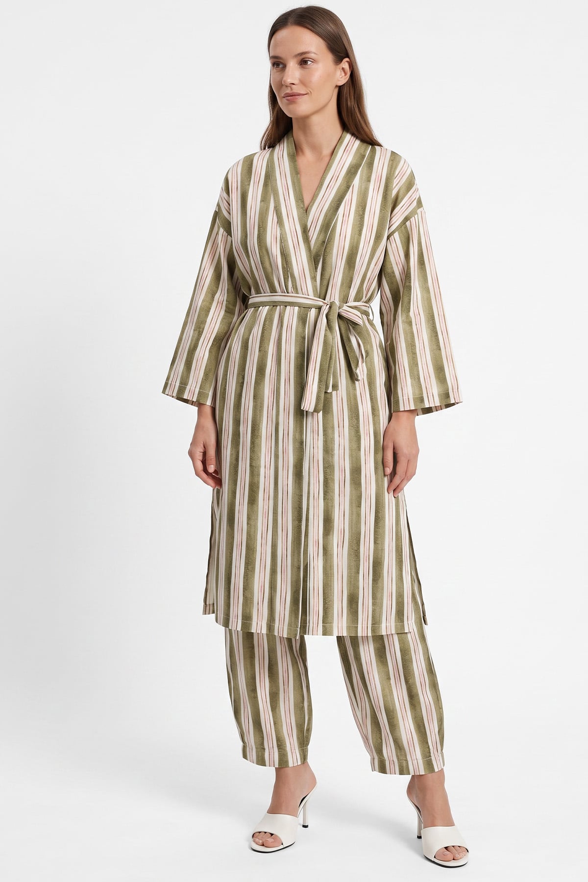 Çizgili Kimono Takım Y0169 - HAKİ | zenne.com 