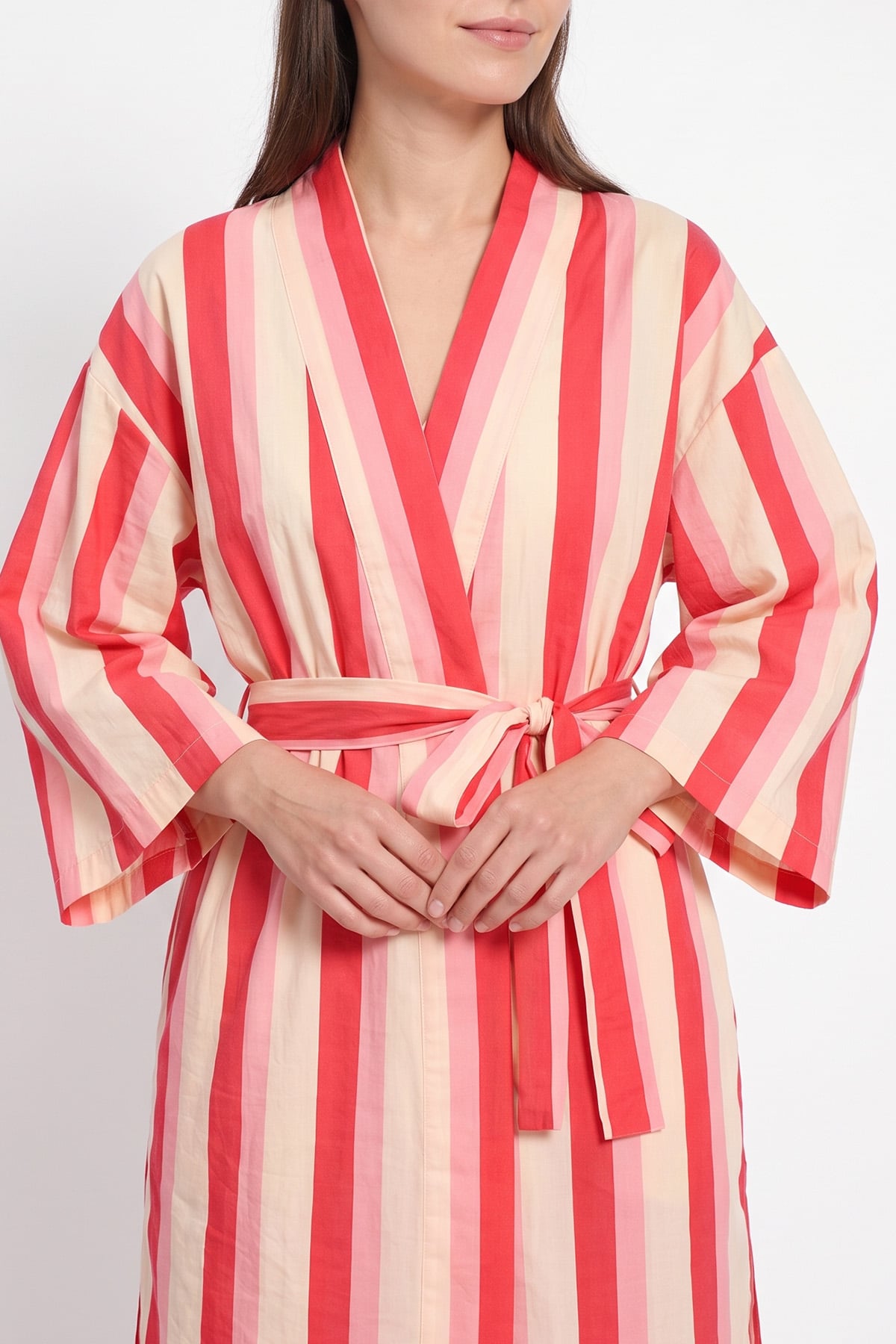 Çizgili Kimono Takım Y0169 - FUŞYA | zenne.com 