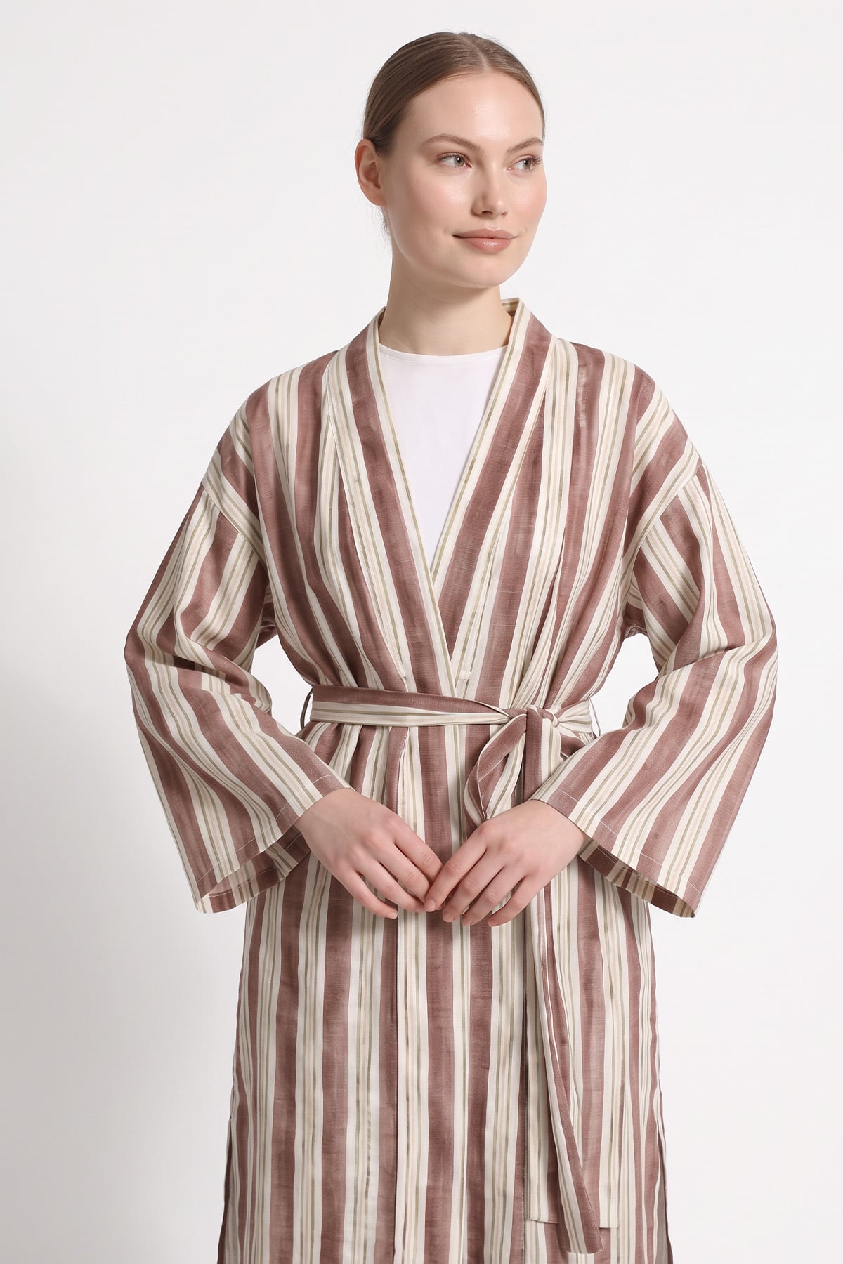 Çizgili Kimono Takım Y0169 - KAHVE | zenne.com 