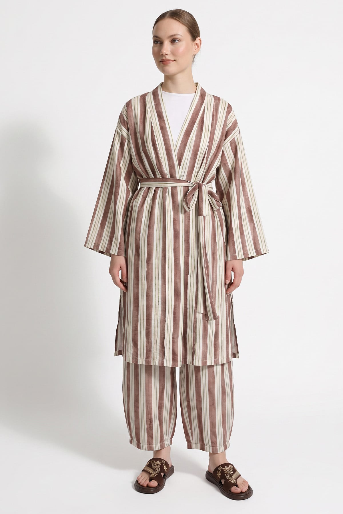 Çizgili Kimono Takım Y0169 - KAHVE | zenne.com 