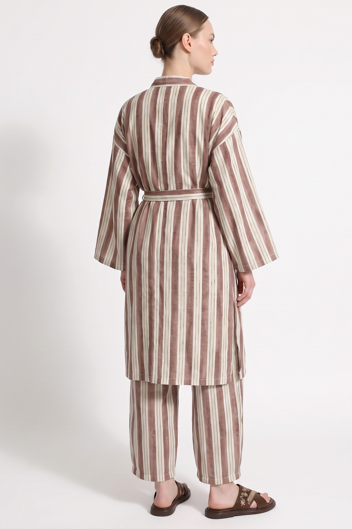 Çizgili Kimono Takım Y0169 - KAHVE | zenne.com 