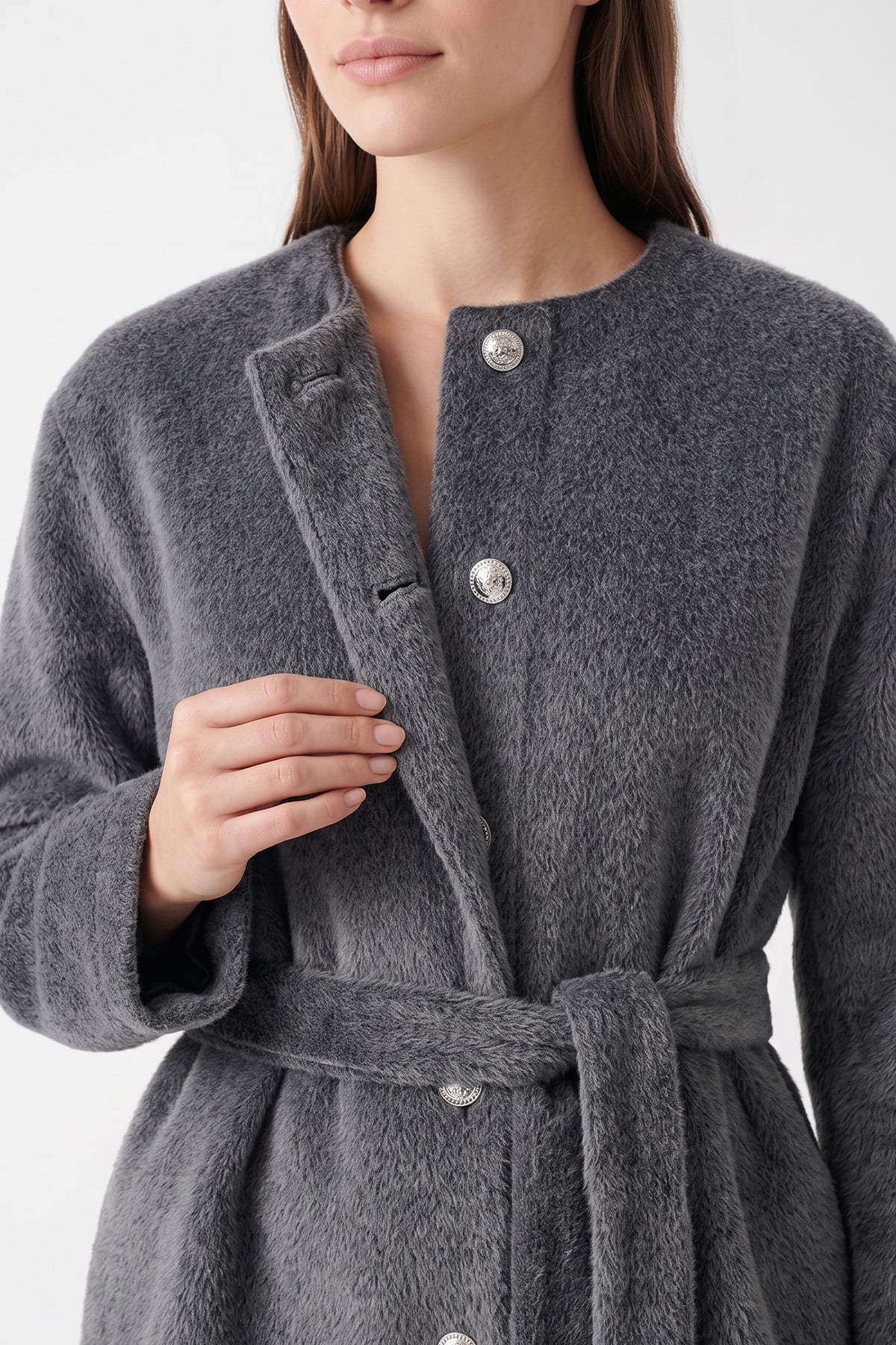 Önü Düğmeli Fox Kürklü Kaban 50719 - GRİ | zenne.com 