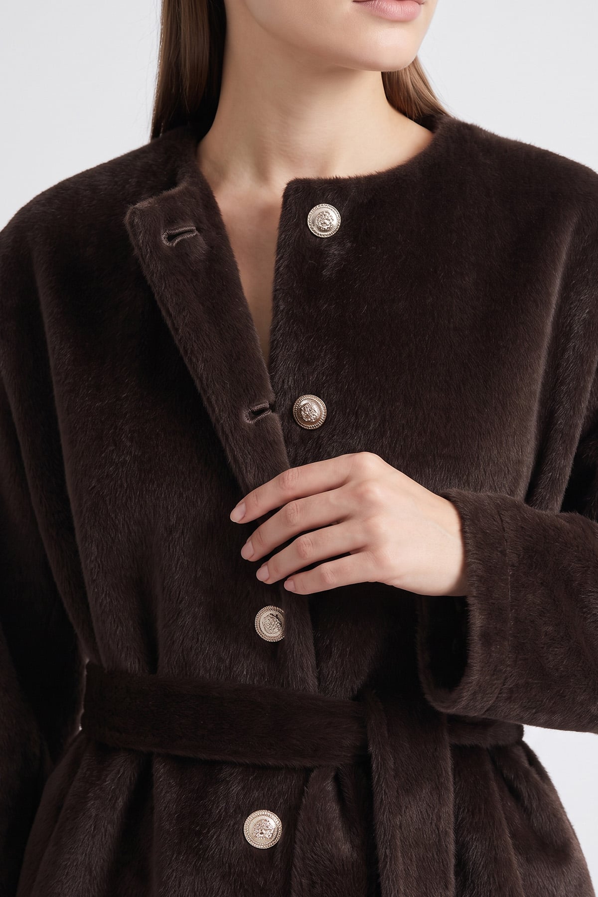 Önü Düğmeli Fox Kürklü Kaban 50719 - KAHVE | zenne.com 