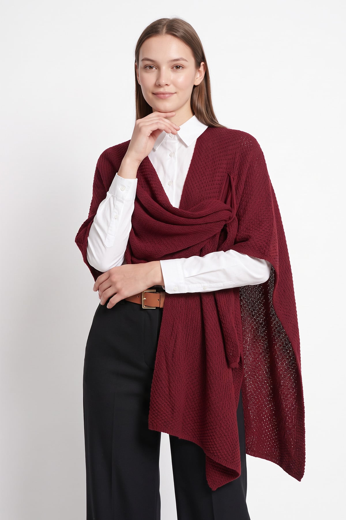 Ön Detaylı Panço Hırka 13187 - BORDO | zenne.com 