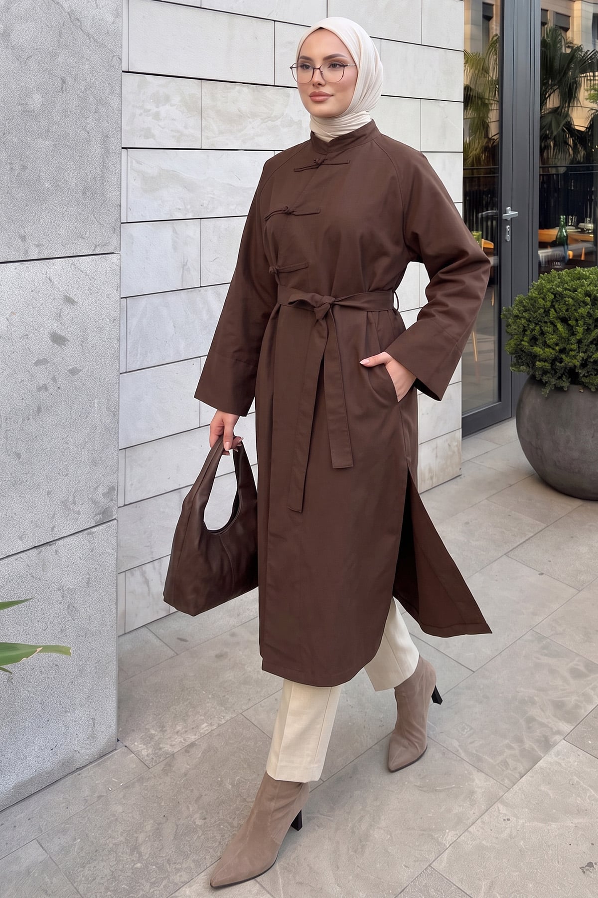 Çin Düğmeli  Trençkot 202702 - KAHVE | zenne.com 