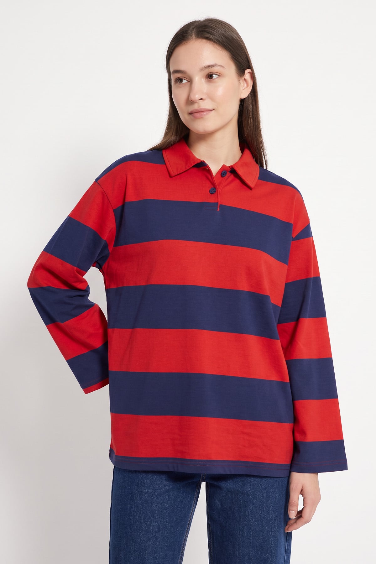 Polo Yaka Çizgili Tunik 27191 - LACİVERT | zenne.com 
