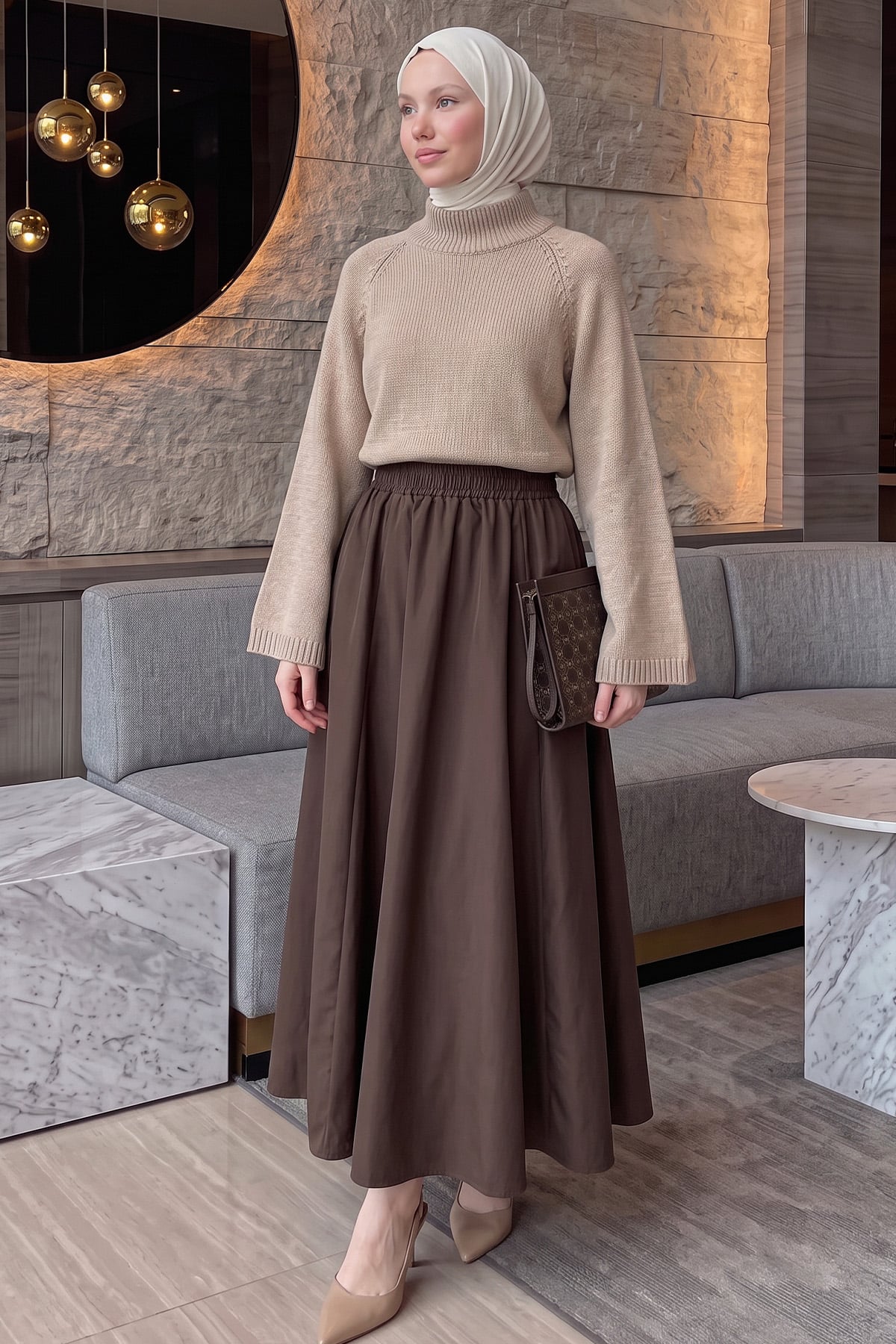Dik Yaka Oversize Kazak T2607 - VİZON | zenne.com 