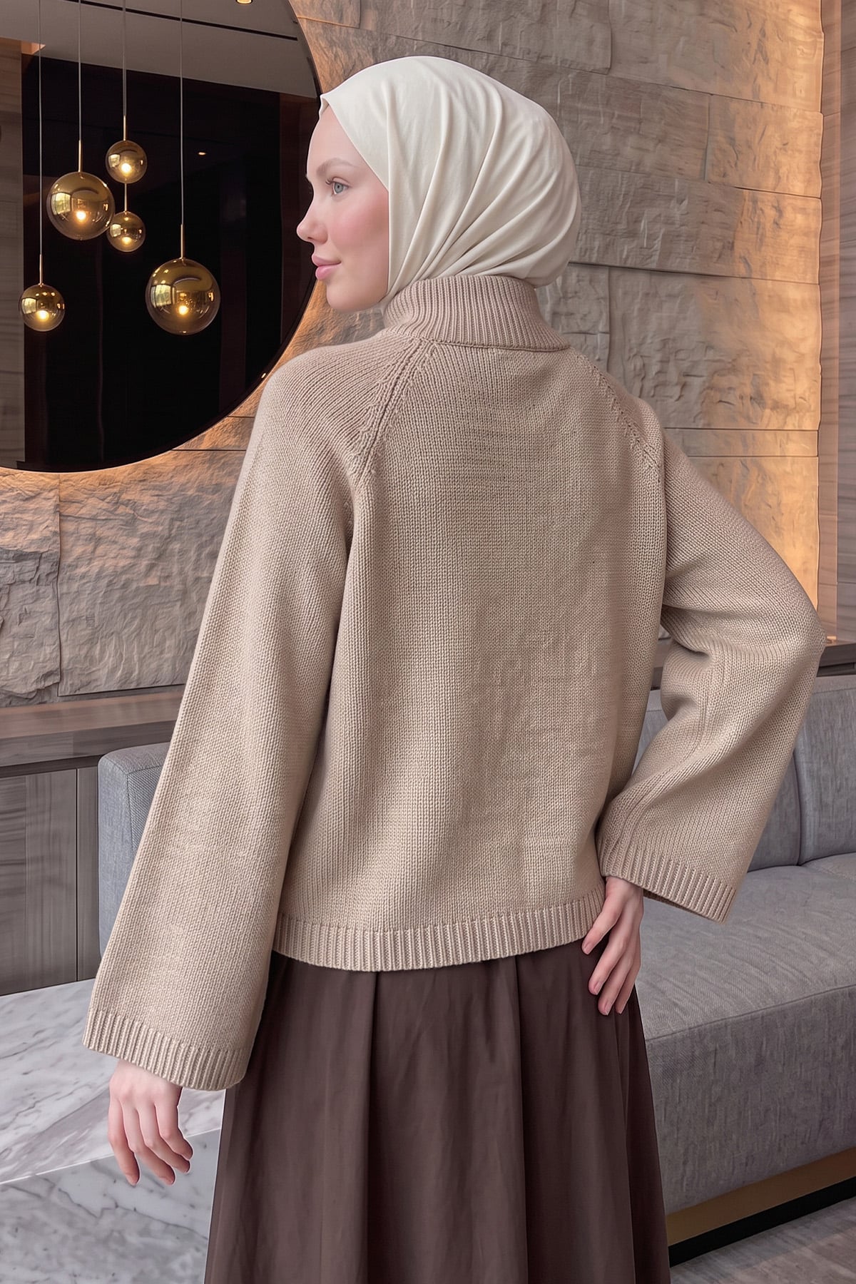 Dik Yaka Oversize Kazak T2607 - VİZON | zenne.com 