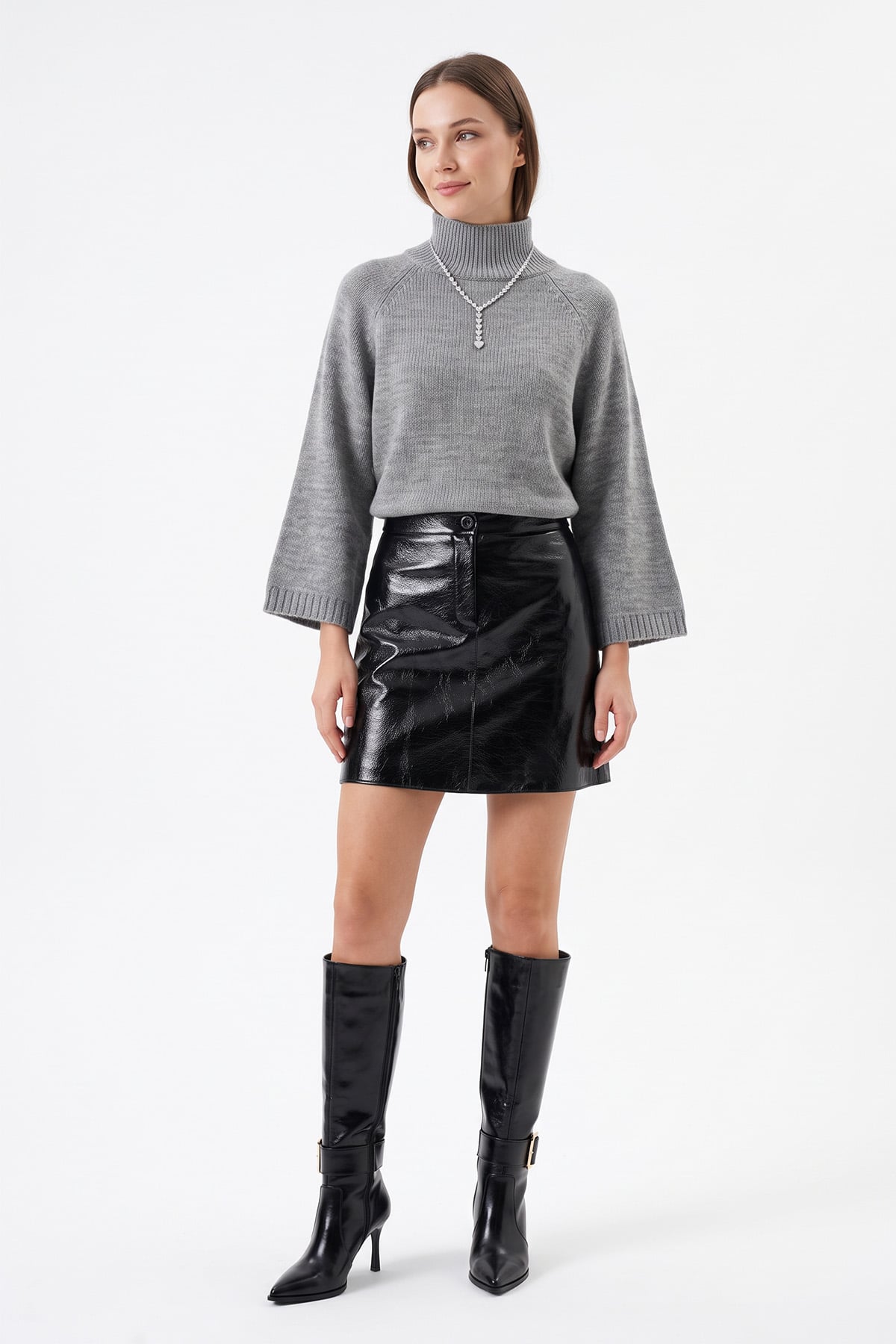 Dik Yaka Oversize Kazak T2607 - GRİ | zenne.com 