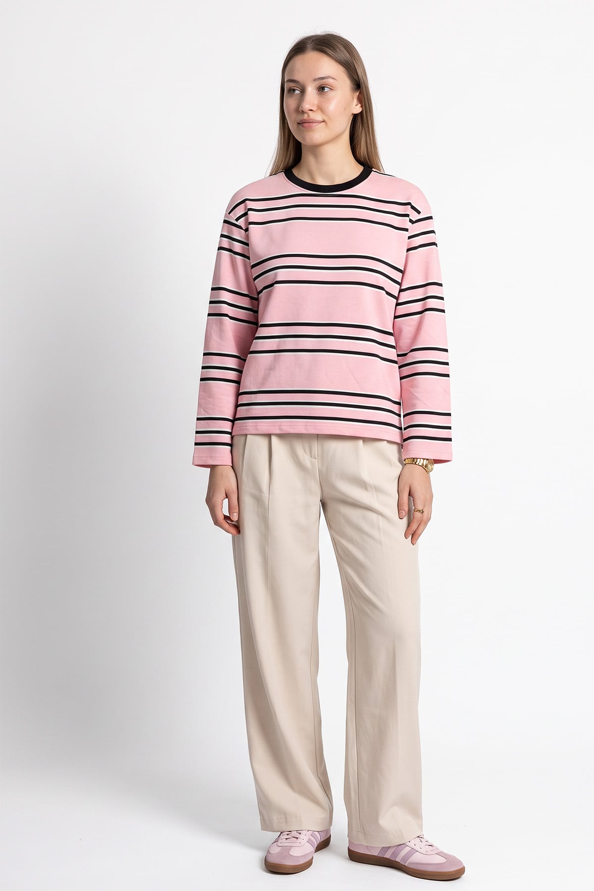 Bisiklet Yaka İnce Çizgili Tunik 27189 - PEMBE | zenne.com 