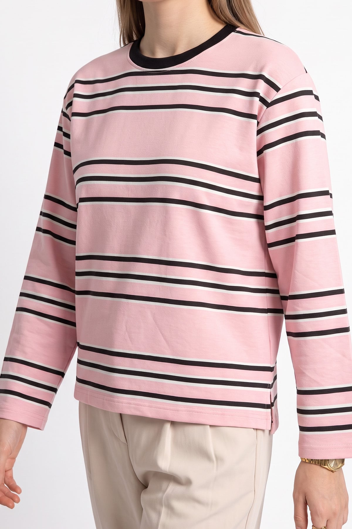 Bisiklet Yaka İnce Çizgili Tunik 27189 - PEMBE | zenne.com 