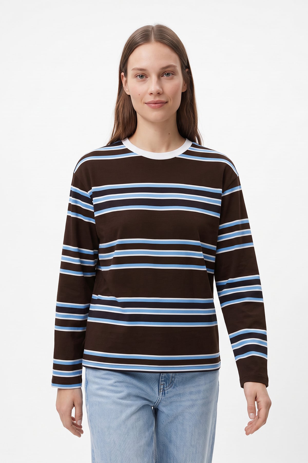 Bisiklet Yaka İnce Çizgili Tunik 27189 - KAHVE | zenne.com 