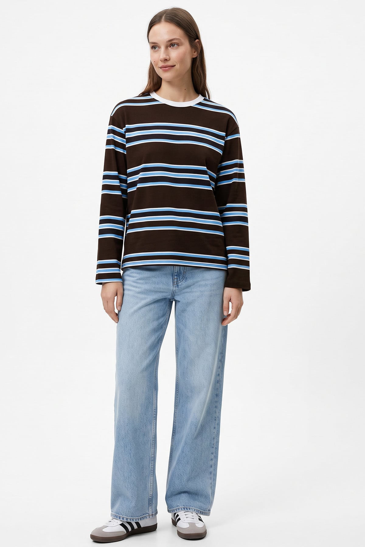 Bisiklet Yaka İnce Çizgili Tunik 27189 - KAHVE | zenne.com 