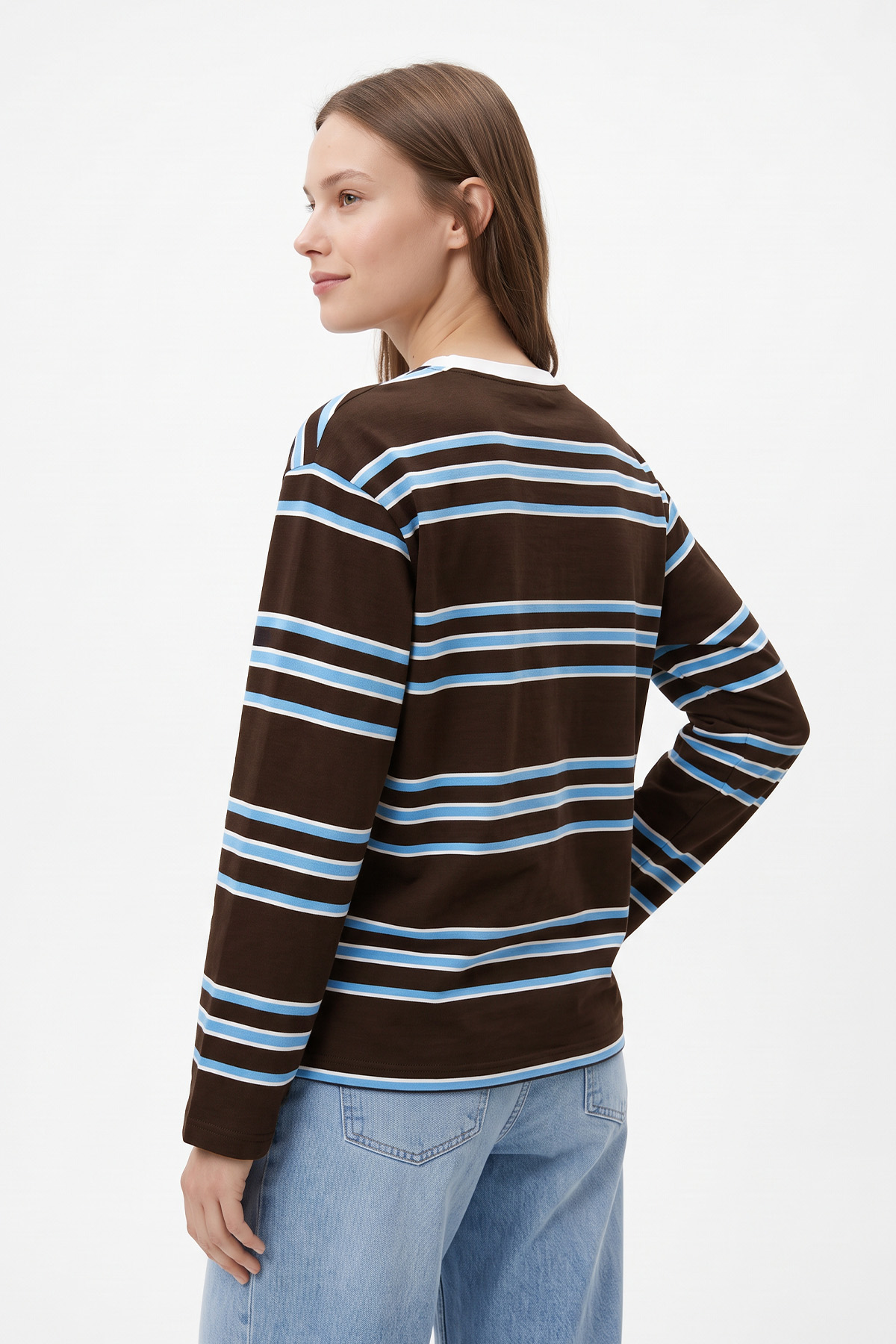Bisiklet Yaka İnce Çizgili Tunik 27189 - KAHVE | zenne.com 