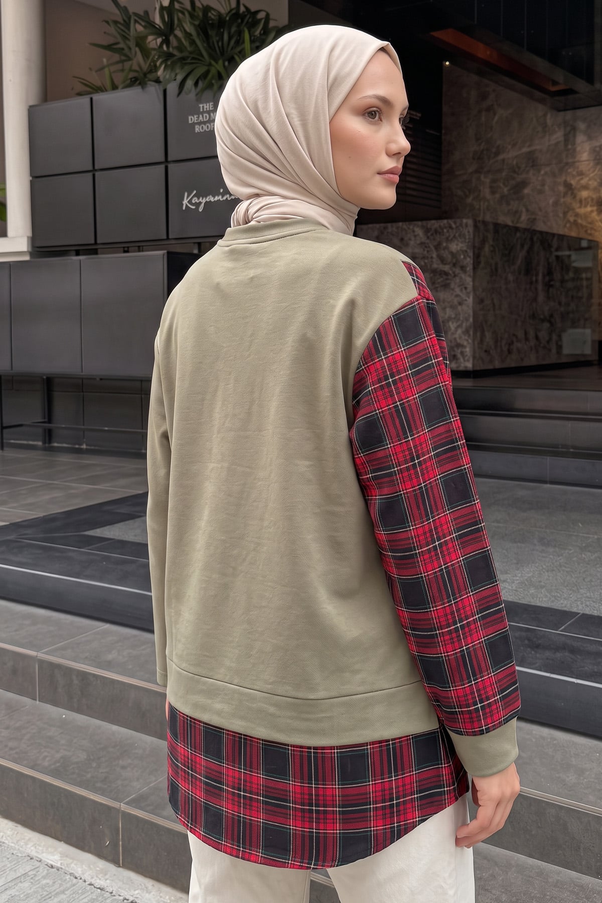 Ekose Garnili Yanı Bağlamalı Tunik 6196 - HAKİ | zenne.com 