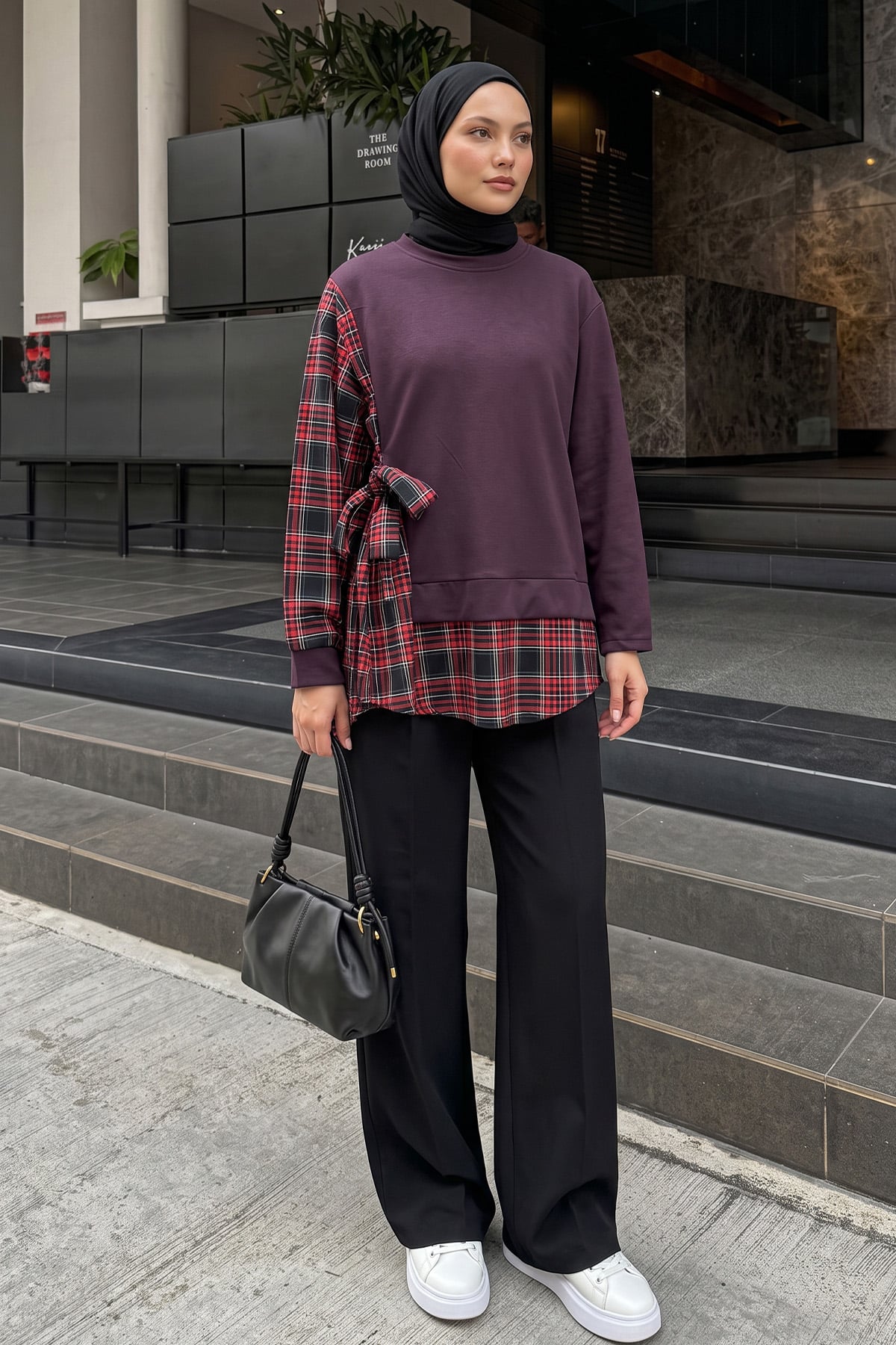 Ekose Garnili Yanı Bağlamalı Tunik 6196 - MÜRDÜM | zenne.com 