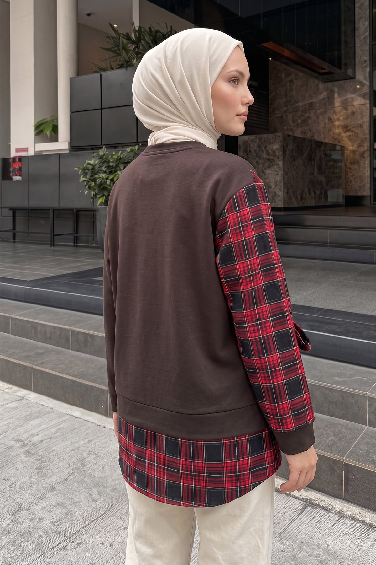 Ekose Garnili Yanı Bağlamalı Tunik 6196 - KAHVE | zenne.com 