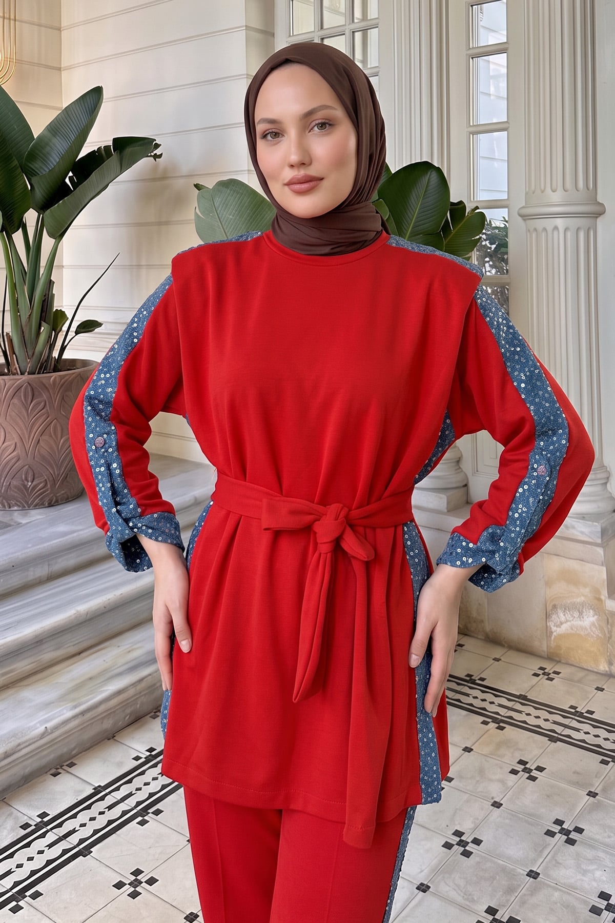 Vatkalı Kot Garnili Takım 46065 - KIRMIZI | zenne.com 