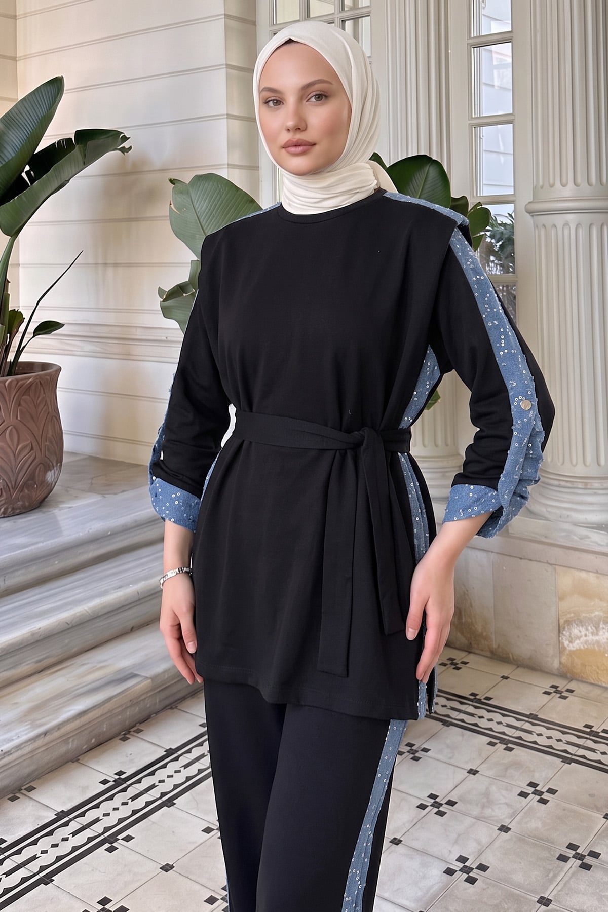 Vatkalı Kot Garnili Takım 46065 - SİYAH | zenne.com 