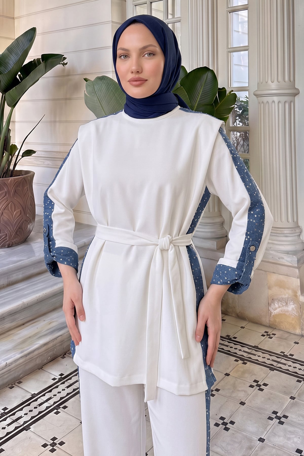 Vatkalı Kot Garnili Takım 46065 - BEYAZ | zenne.com 