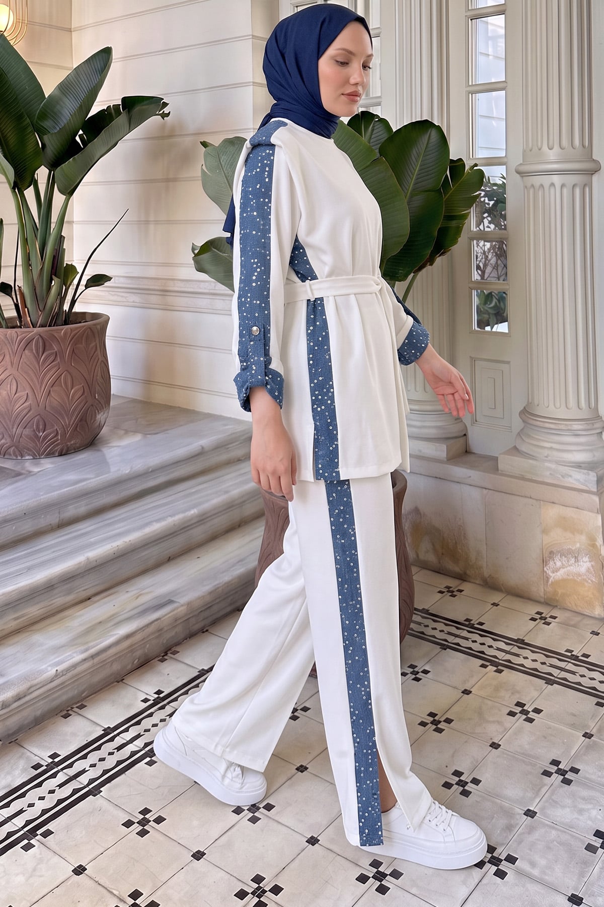 Vatkalı Kot Garnili Takım 46065 - BEYAZ | zenne.com 