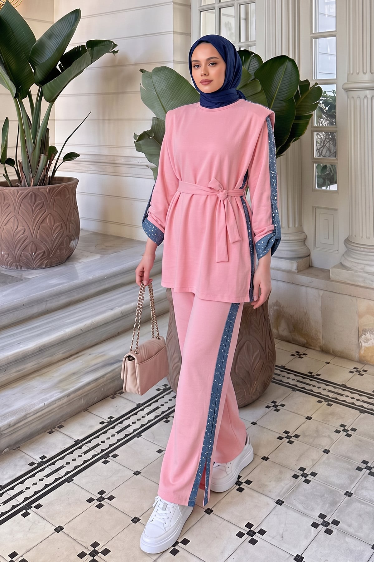 Vatkalı Kot Garnili Takım 46065 - PEMBE | zenne.com 