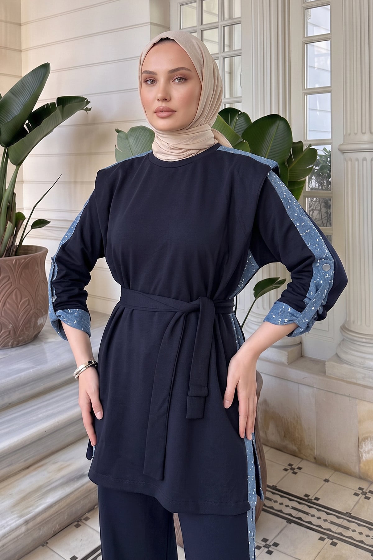 Vatkalı Kot Garnili Takım 46065 - KOYU LACİVERT | zenne.com 