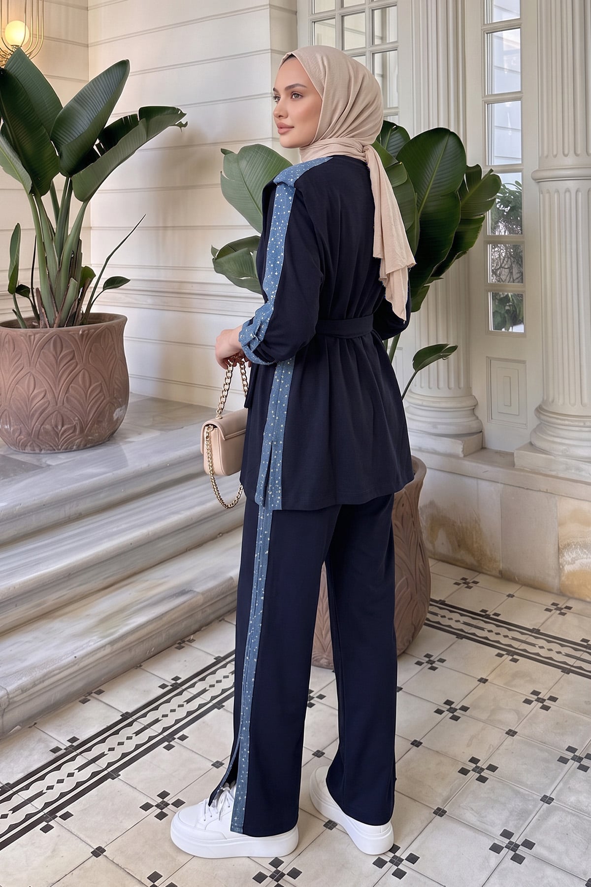 Vatkalı Kot Garnili Takım 46065 - KOYU LACİVERT | zenne.com 