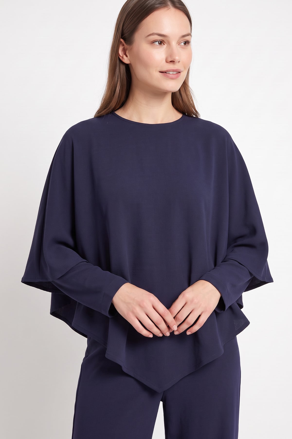 Pelerinli Asimetrik Takım 202715 - LACİVERT | zenne.com 