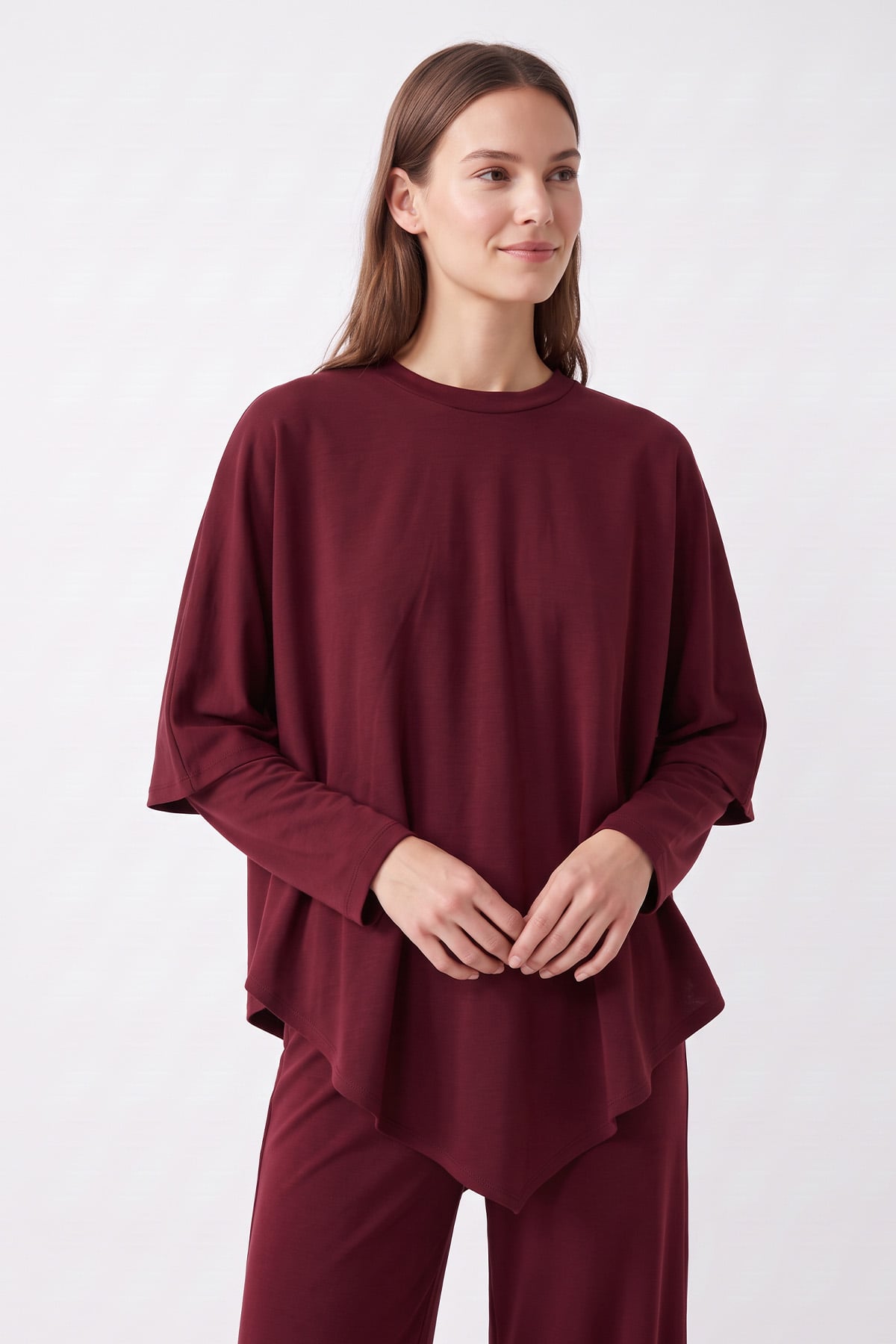 Pelerinli Asimetrik Takım 202715 - BORDO | zenne.com 