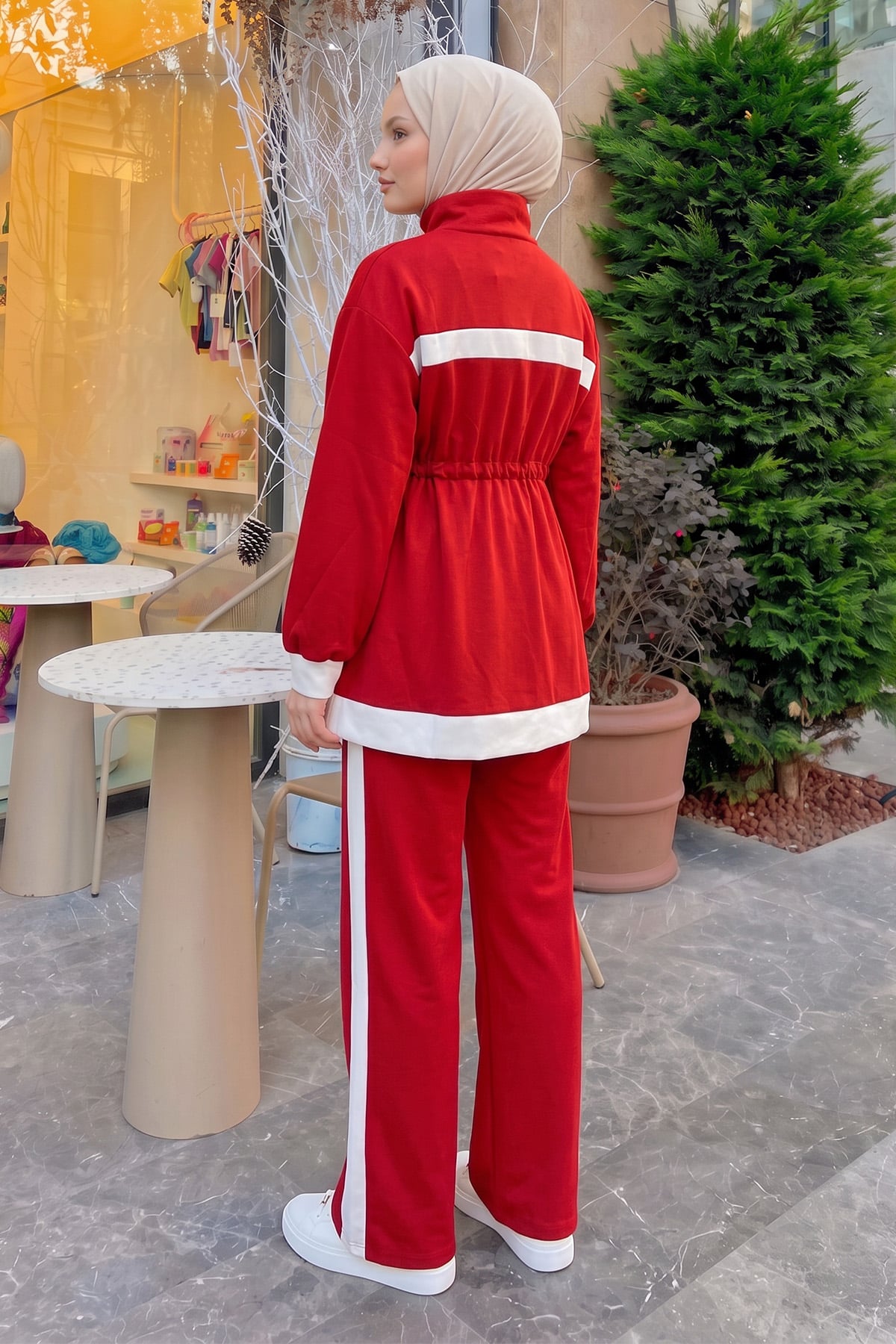 Şerit Detaylı Bel Büzgülü Takım 89140 - KIRMIZI | zenne.com 