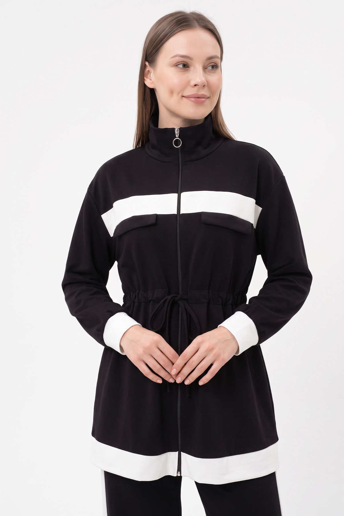 Şerit Detaylı Bel Büzgülü Takım 89140 - SİYAH | zenne.com 