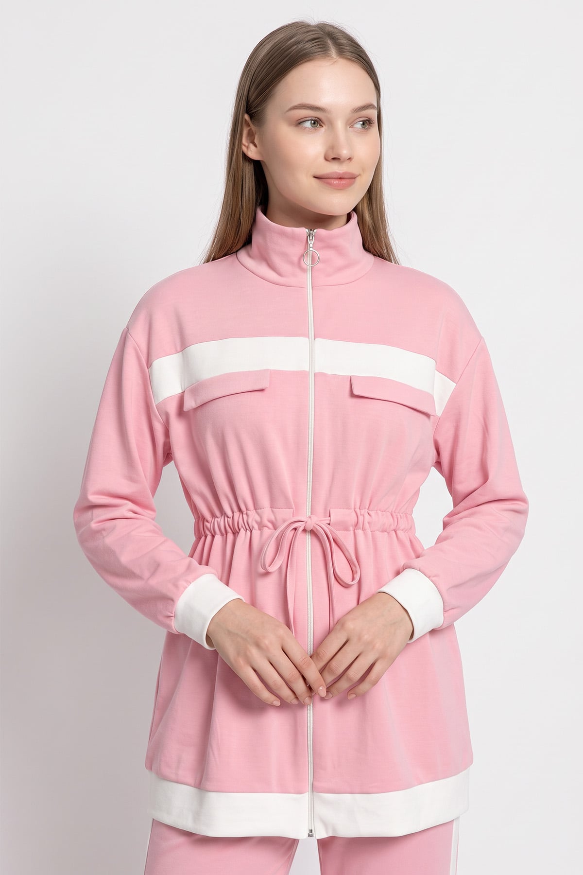 Şerit Detaylı Bel Büzgülü Takım 89140 - PEMBE  | zenne.com 