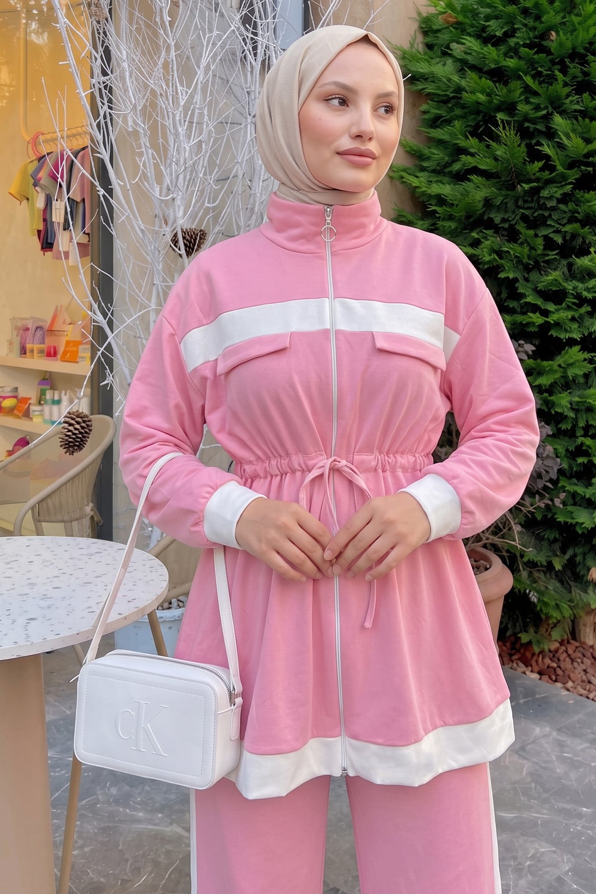 Şerit Detaylı Bel Büzgülü Takım 89140 - PEMBE  | zenne.com 