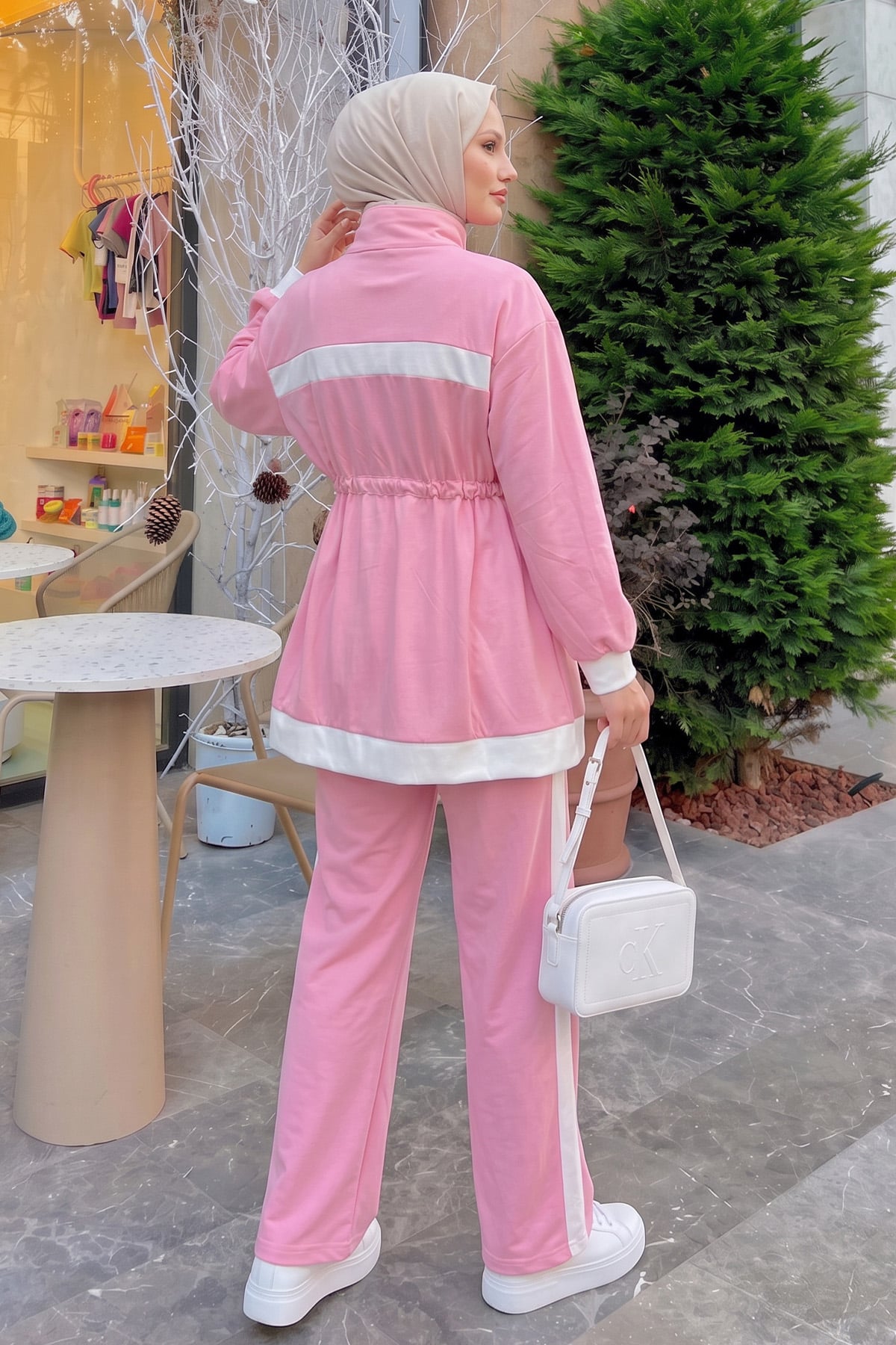 Şerit Detaylı Bel Büzgülü Takım 89140 - PEMBE  | zenne.com 