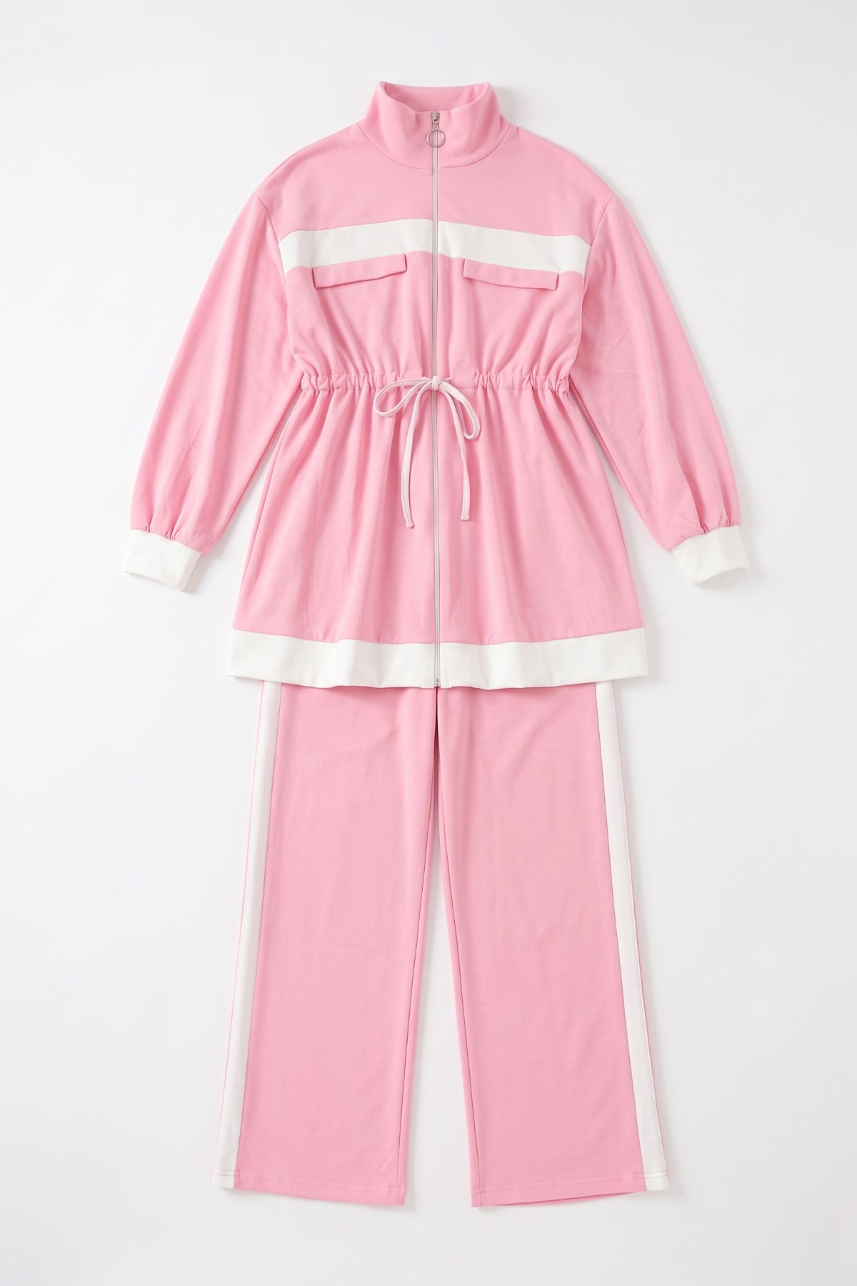 Şerit Detaylı Bel Büzgülü Takım 89140 - PEMBE  | zenne.com 