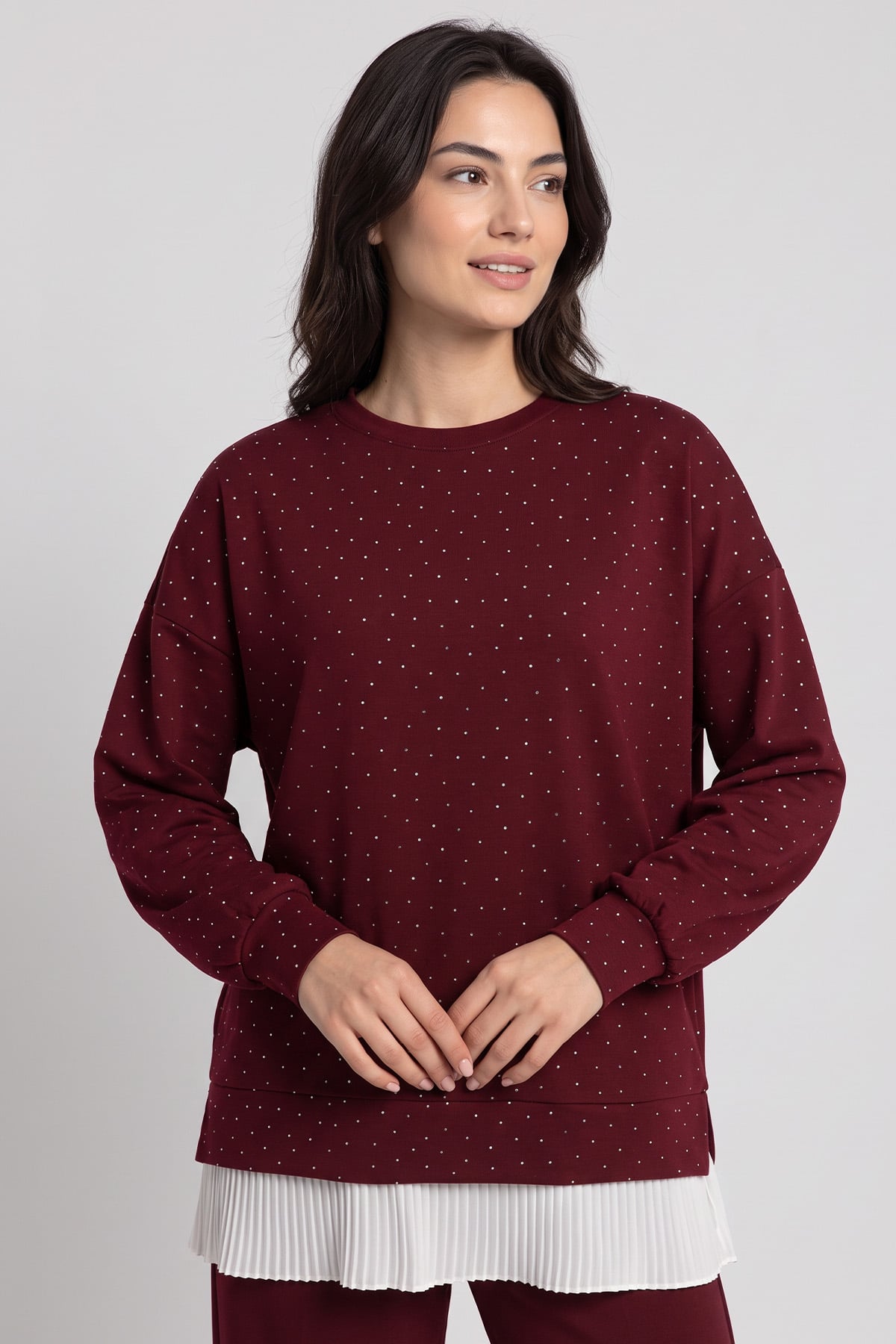 Şifon Garnili Taşlı Takım 4572 - BORDO | zenne.com 