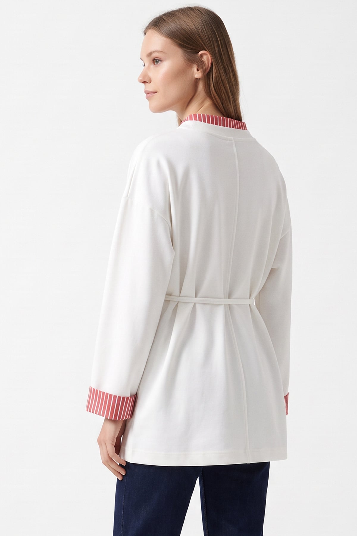 Yaka Kol Çizgili Bağcıklı Tunik 1722 - BEYAZ | zenne.com 