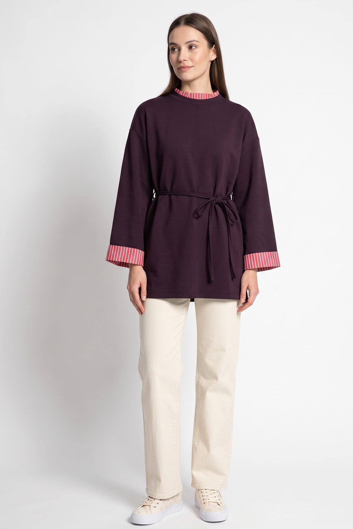 Yaka Kol Çizgili Bağcıklı Tunik 1722 - MÜRDÜM | zenne.com 