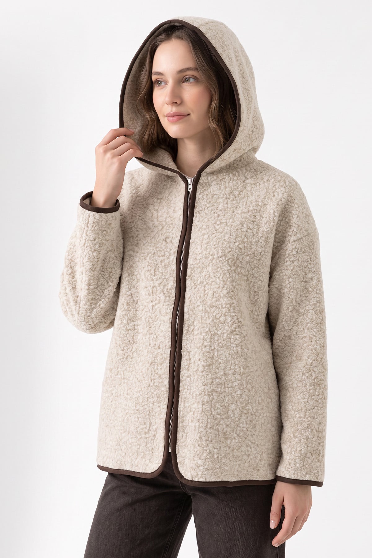 Kapüşonlu Peluş Ceket 1173 - BEJ | zenne.com 
