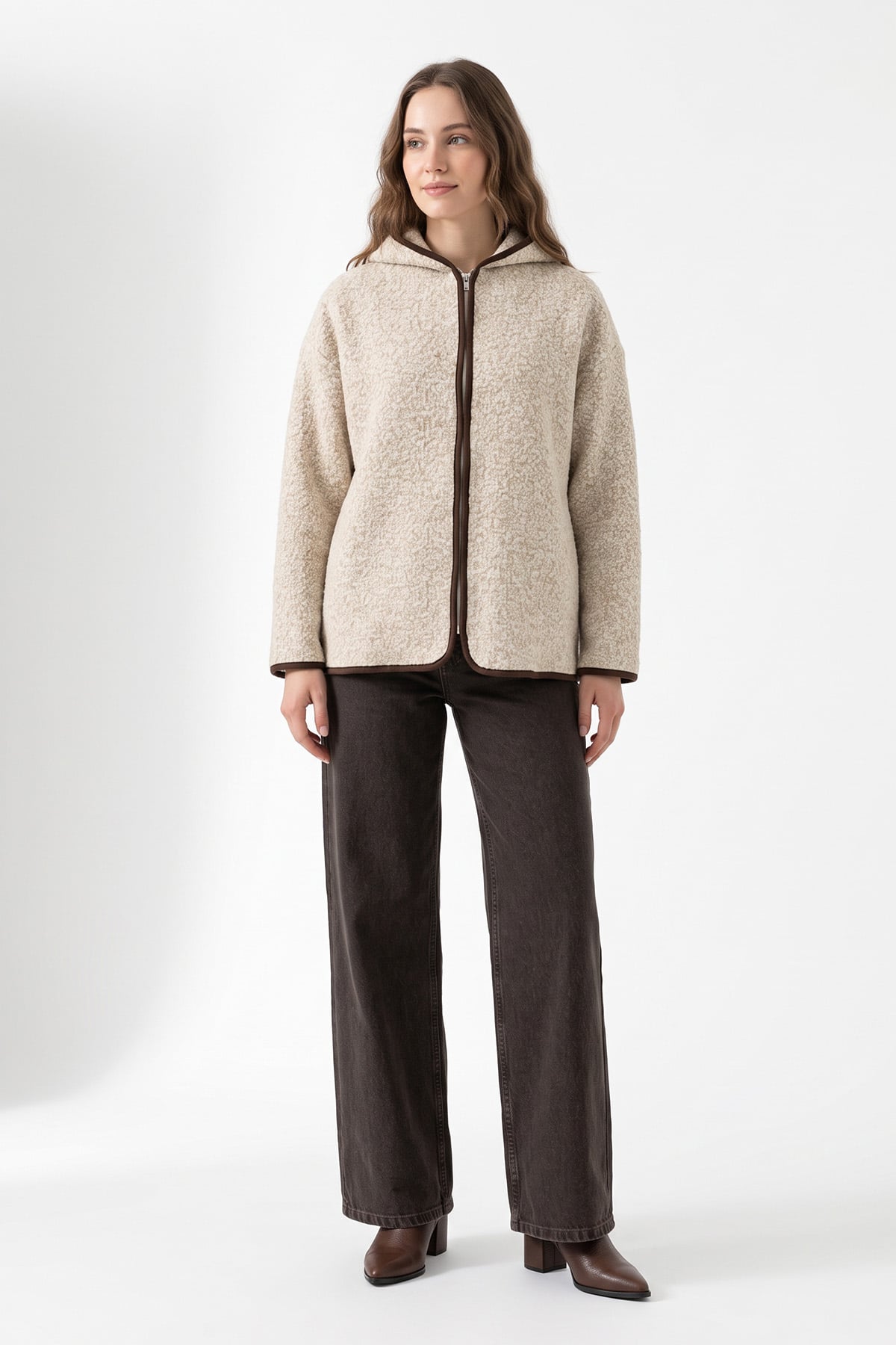 Kapüşonlu Peluş Ceket 1173 - BEJ | zenne.com 