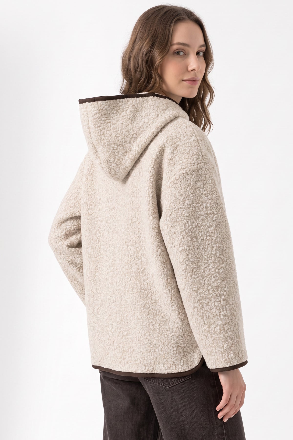 Kapüşonlu Peluş Ceket 1173 - BEJ | zenne.com 